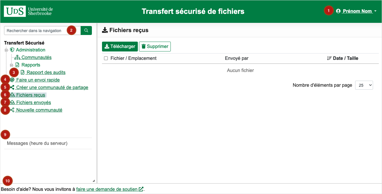 Interface de l'application Transfert sécurisé de fichiers